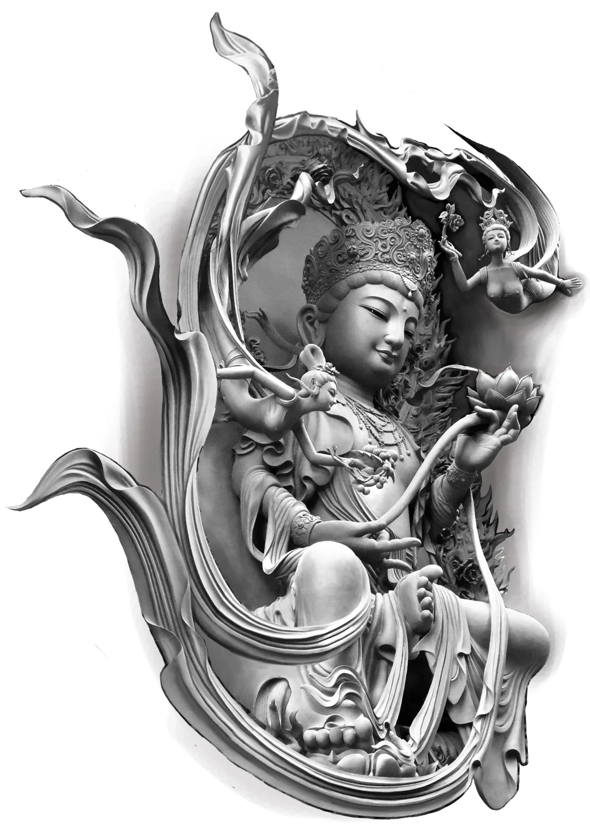 自在坐托莲，纹身设计概念图（非纹身实拍）