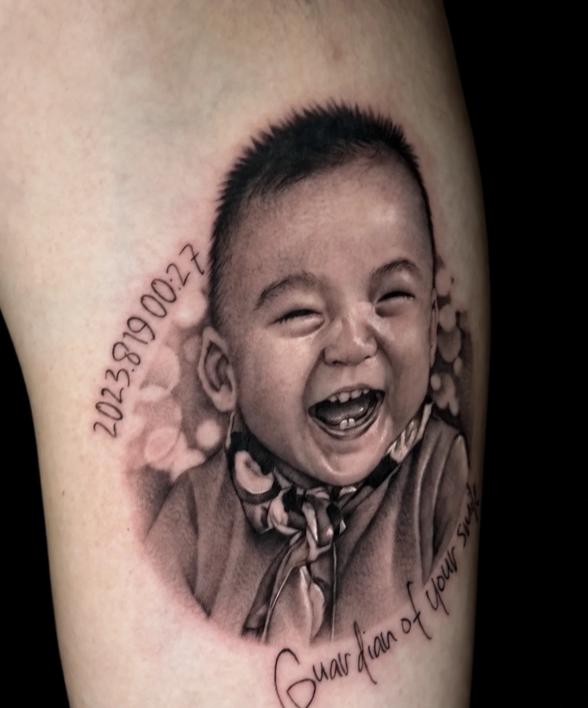 A first-birthday portrait tattoo by Zencat — Portrait · Family