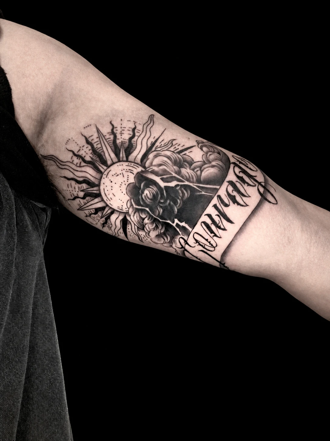 Sun, Clouds & Lightning tattoo by Zencat — 2022 archive · Sun & storm